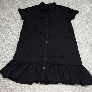 Black Tencel Button Front Ruffle Hem Shirt Dress Medium (E27)